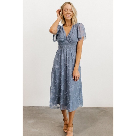 Baltic Born Dresses & Skirts - Baltic Born June Smocked Midi Dress Dusty Blue Floral Jacquard Size S New